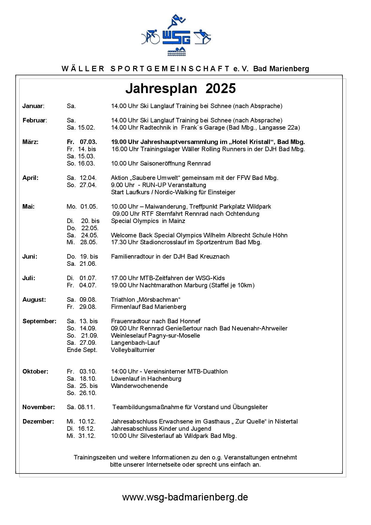 Jahresplan WSG Bad Marienberg 2025