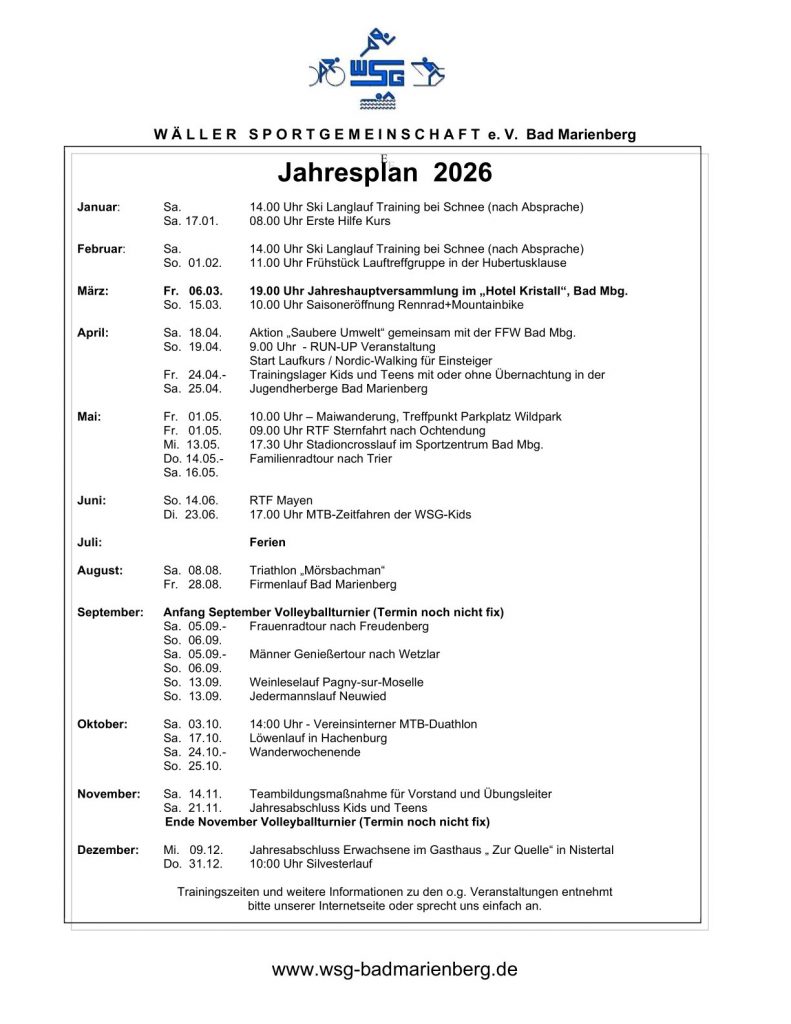Jahresplan WSG Bad Marienberg 2026