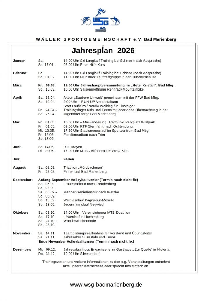 Jahresplan WSG 2026 (Stand März 2026)